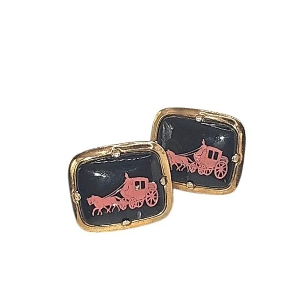 MCM‎ VTG Cufflinks Black Enamel Pink-tone 17th Century Horse and Carriage Scene